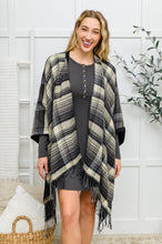 Load image into Gallery viewer, Plaid Fringe Trimmed Open Poncho in Black