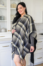 Load image into Gallery viewer, Plaid Fringe Trimmed Open Poncho in Black