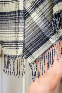 Plaid Fringe Trimmed Open Poncho in Black