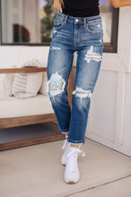 Load image into Gallery viewer, Suki Mid Rise Sequin Patch Tapered Jeans